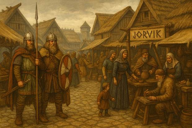 A painting of a person holding a spear and a person standing in front of a market
AI-generated content may be incorrect.